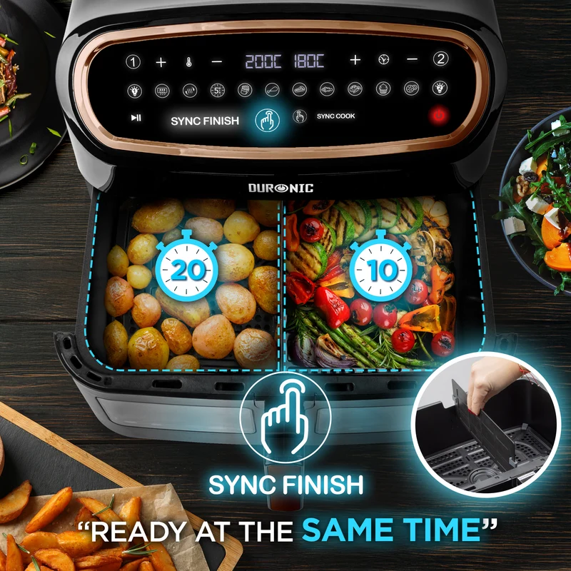 Duronic XXL Digital Air Fryer AF14 BG 10L Family Size Air Fryers 10in1 Dual Zone Extra Large AirFryer with window for Family Cooking with Dishwasher Safe Non-Stick Basket - Black & Gold (LARGE SINGLE DRAWER MODEL)