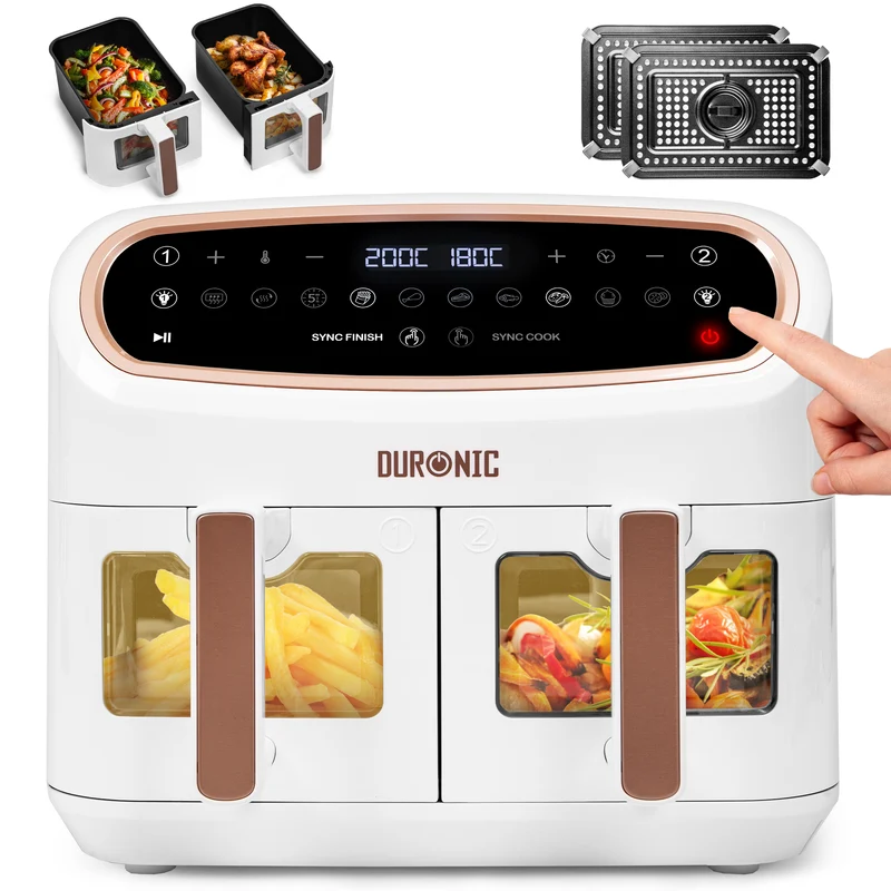 (TWO DRAWER MODEL) Duronic XXL Digital Air Fryer AF24 WE 10L Family Size Air Fryers Double Drawer 10in1 Dual Zone Extra Large AirFryer with window for Cooking with Dishwasher Safe Non-Stick Basket White