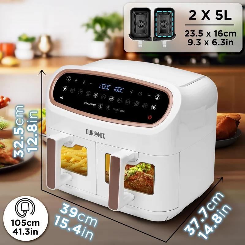 (TWO DRAWER MODEL) Duronic XXL Digital Air Fryer AF24 WE 10L Family Size Air Fryers Double Drawer 10in1 Dual Zone Extra Large AirFryer with window for Cooking with Dishwasher Safe Non-Stick Basket White