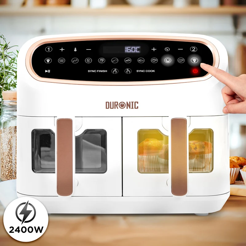 (TWO DRAWER MODEL) Duronic XXL Digital Air Fryer AF24 WE 10L Family Size Air Fryers Double Drawer 10in1 Dual Zone Extra Large AirFryer with window for Cooking with Dishwasher Safe Non-Stick Basket White