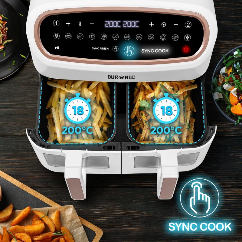 (TWO DRAWER MODEL) Duronic XXL Digital Air Fryer AF24 WE 10L Family Size Air Fryers Double Drawer 10in1 Dual Zone Extra Large AirFryer with window for Cooking with Dishwasher Safe Non-Stick Basket White