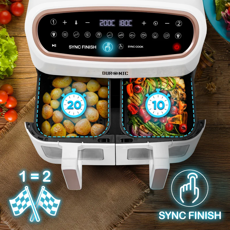 (TWO DRAWER MODEL) Duronic XXL Digital Air Fryer AF24 WE 10L Family Size Air Fryers Double Drawer 10in1 Dual Zone Extra Large AirFryer with window for Cooking with Dishwasher Safe Non-Stick Basket White