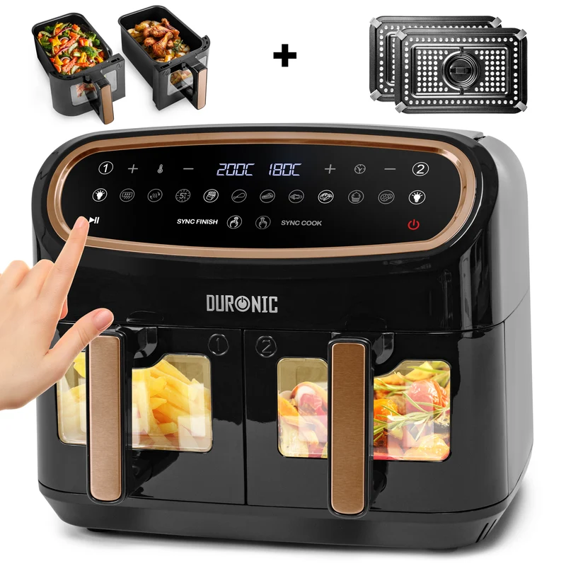 (TWO DRAWER MODEL) Duronic XXL Digital Air Fryer AF24 BG 10L Family Size Air Fryers Double Drawer 10in1 Dual Zone Extra Large AirFryer with Window for Cooking with Dishwasher Safe Non-Stick Baskets Black & Gold