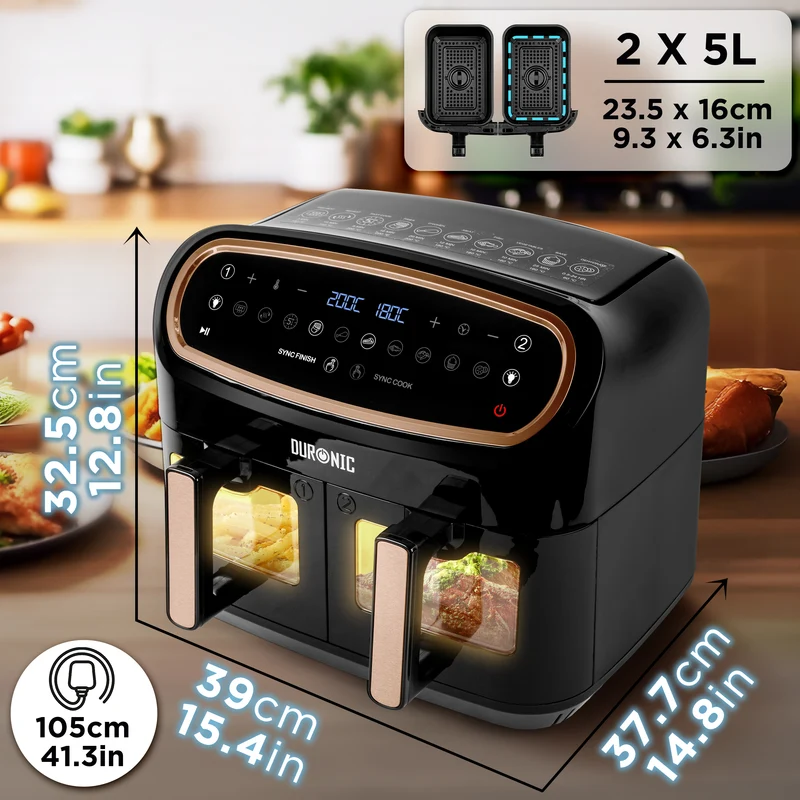 (TWO DRAWER MODEL) Duronic XXL Digital Air Fryer AF24 BG 10L Family Size Air Fryers Double Drawer 10in1 Dual Zone Extra Large AirFryer with Window for Cooking with Dishwasher Safe Non-Stick Baskets Black & Gold