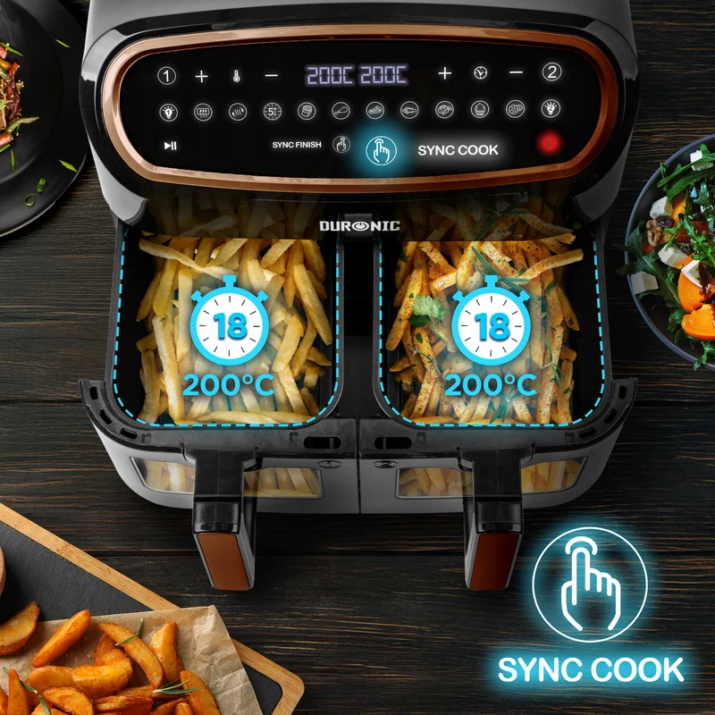 (TWO DRAWER MODEL) Duronic XXL Digital Air Fryer AF24 BG 10L Family Size Air Fryers Double Drawer 10in1 Dual Zone Extra Large AirFryer with Window for Cooking with Dishwasher Safe Non-Stick Baskets Black & Gold