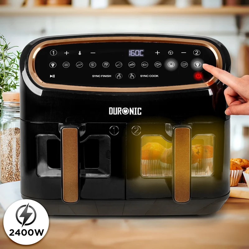 (TWO DRAWER MODEL) Duronic XXL Digital Air Fryer AF24 BG 10L Family Size Air Fryers Double Drawer 10in1 Dual Zone Extra Large AirFryer with Window for Cooking with Dishwasher Safe Non-Stick Baskets Black & Gold