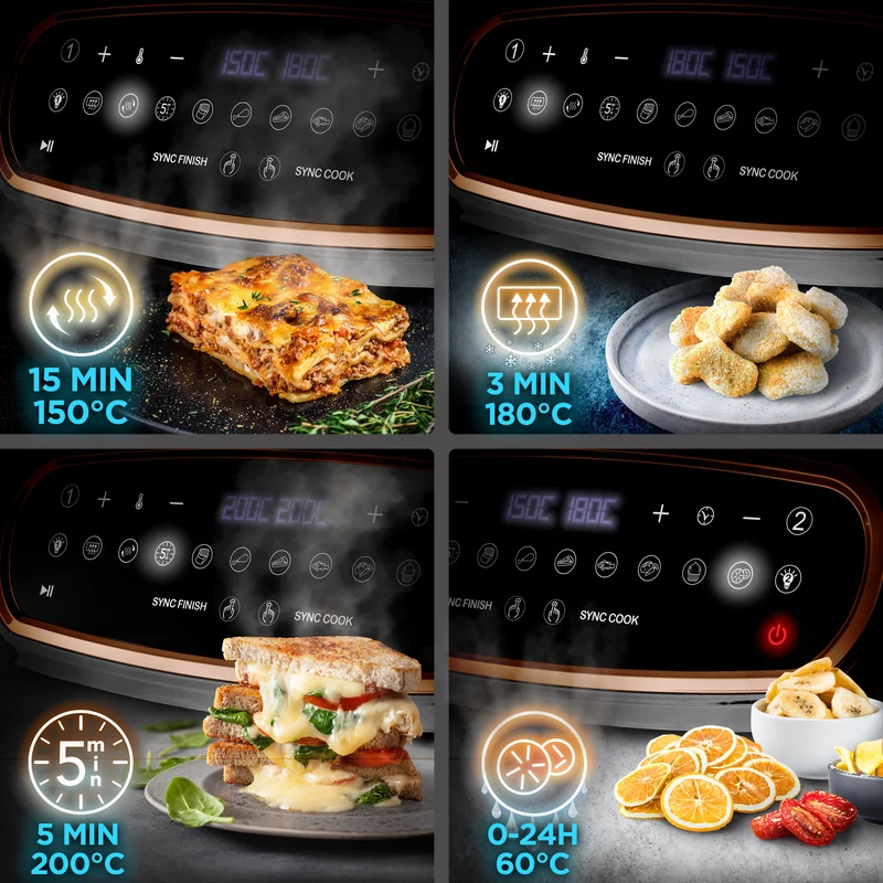 (TWO DRAWER MODEL) Duronic XXL Digital Air Fryer AF24 BG 10L Family Size Air Fryers Double Drawer 10in1 Dual Zone Extra Large AirFryer with Window for Cooking with Dishwasher Safe Non-Stick Baskets Black & Gold