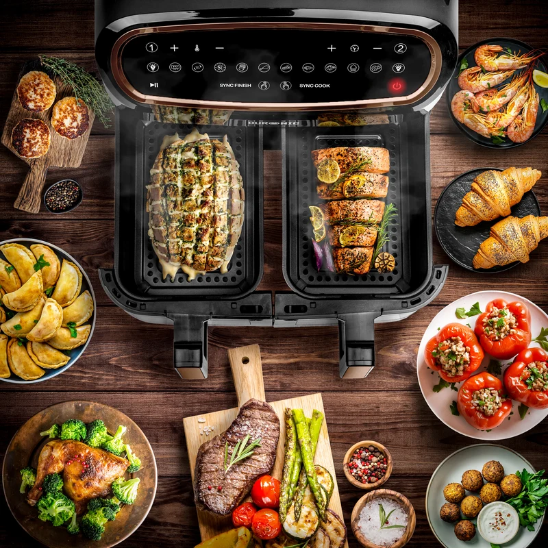 (DUAL DRAWERS ONLY) Duronic Twin Drawers AFD2 BG, 2024 VERSION ONWARDS, 2 x 5L Drawers Specifically for the AF24 Air Fryer, Two Cooking Trays with Sync Cook and Finish for Dual Zone Air Fryer Black Gold