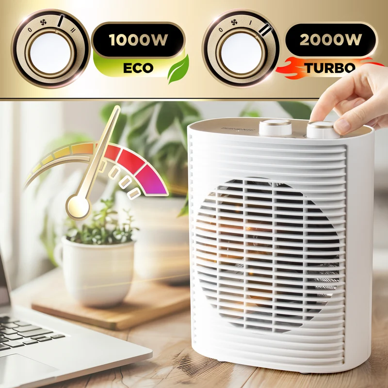 Duronic HV32 WE Heizlüfter, 2000 Watt Elektroheizung für Steckdose, kleine Mini Heizung als Fußwärmer, Elektroheizkörper mit 2 Stufen, Kaltfunktion