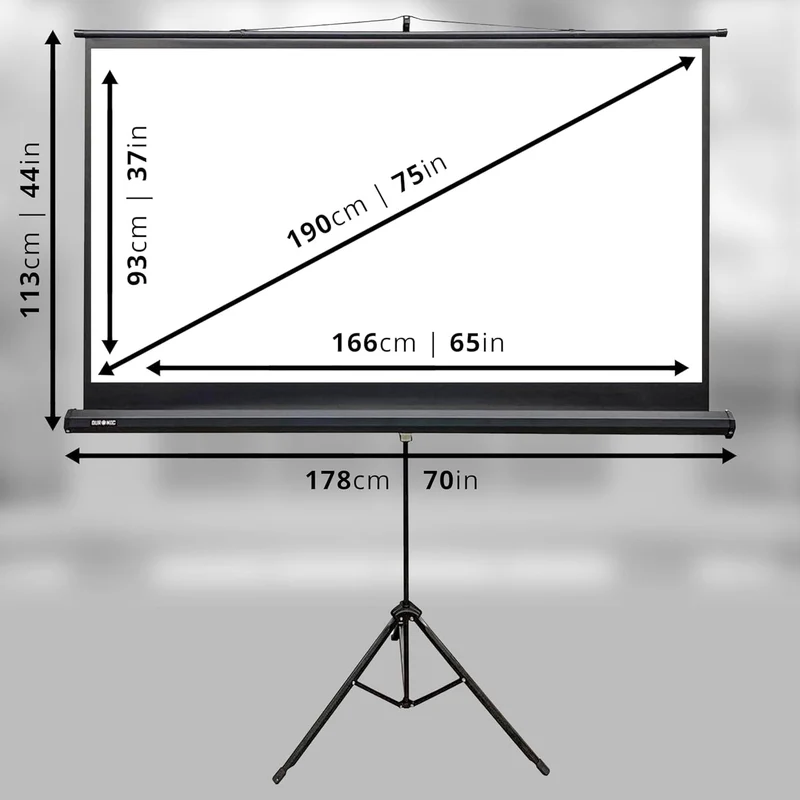 Duronic TPS75 16:9 Leinwand, 75" Stativleinwand, Stativ Beamerleinwand mit 166 x 93 cm Fläche, Heimkino mit 4K Full HD 3D, Projektorleinwand für Schule und Büro, Präsentationsleinwand