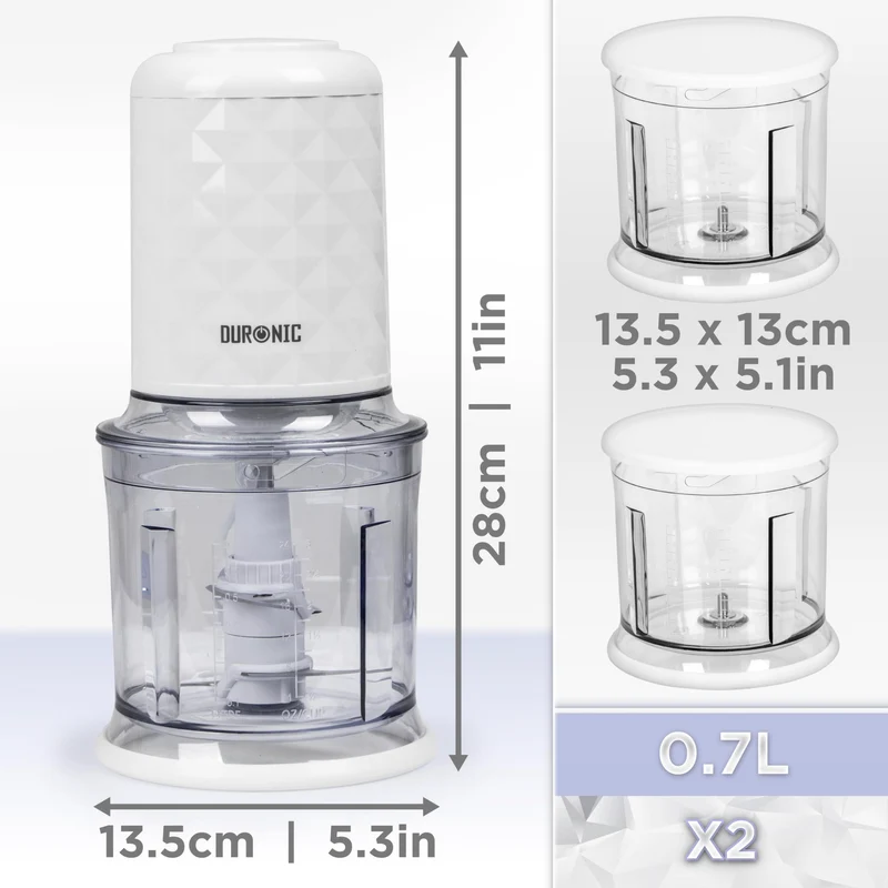 Duronic Mini Chopper CH57 WE Mini Food Processor 500W White Vegetable Choppers 2 x 700ml Blender Bowl with Lid Garlic Chopper with Quad Stainless Steel Blades for Dips Sauces Vegetable Meat Mincer
