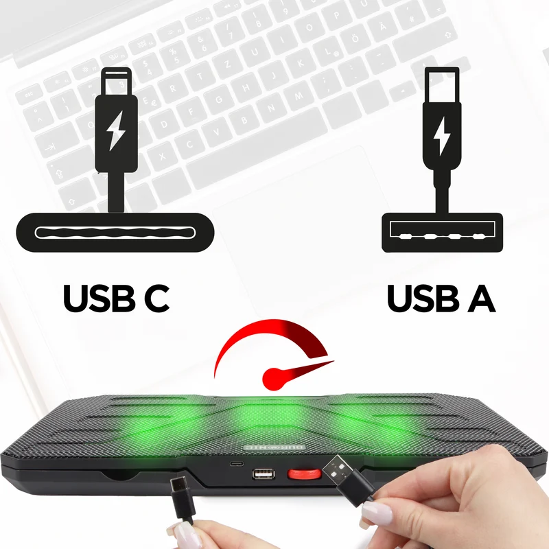 Duronic Laptop Cooling Pad LC3, Ergonomic Cooler Stand for 14"-17.3" Laptops, Adjustable 1400 RPM Fan Speed, 6 Height Levels, LED Lights, Lightweight and Sleek Design for Work, Study, and Gaming