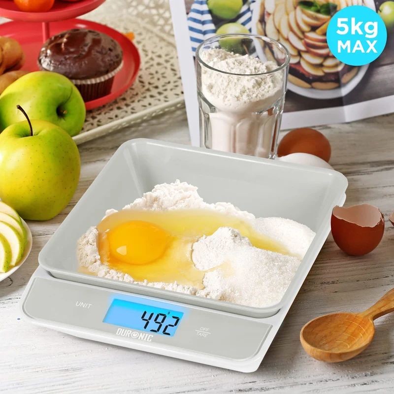 Duronic Digital Kitchen Scales KS100 GY Electronic Kitchen Scale with Bowl Measuring Weighing Scale Grey Baking Scale for Cooking Baking Mail Pet Food Measurement Baker Weight Scale, Tare LCD Display