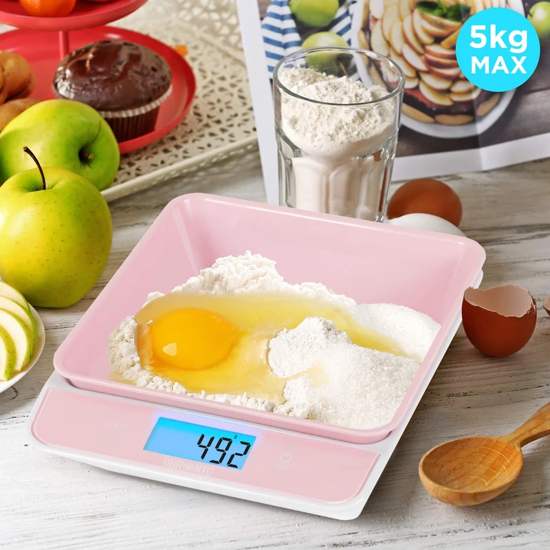 Duronic Digital Kitchen Scales KS100 PK Electronic Kitchen Scale with Bowl Measuring Weighing Scale Pink Baking Scale for Cooking Baking Mail Pet Food Measurement Baker Weight Scale, Tare LCD Display