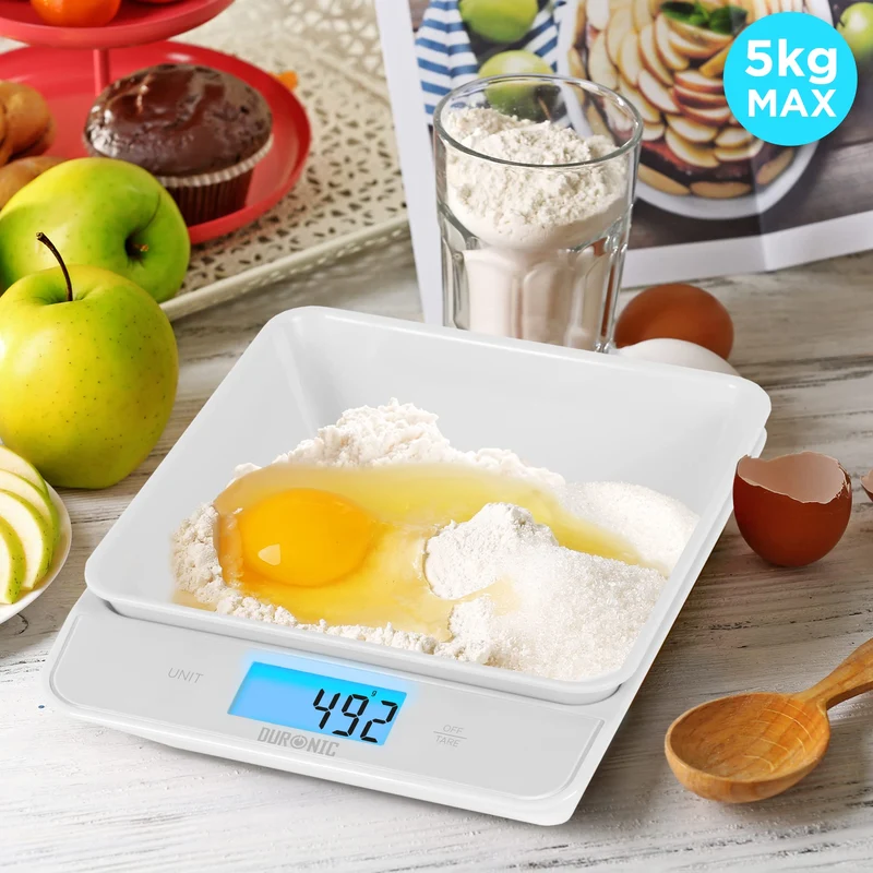 Duronic Digital Kitchen Scales KS100 WH Electronic Kitchen Scale with Bowl Measuring Weighing Scale White Baking Scale for Cooking Baking Mail Pet Food Measurement Baker Weight Scale, Tare LCD Display