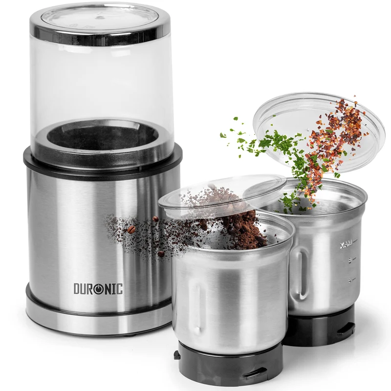 Duronic Electric Coffee Grinder CG421 Spice Mill with 2in1 Wet & Dry Stainless Steel Cups 200W Grinder for Spices 200W Grinding Mini Hopper for Coffee Beans, Herbs, Nuts