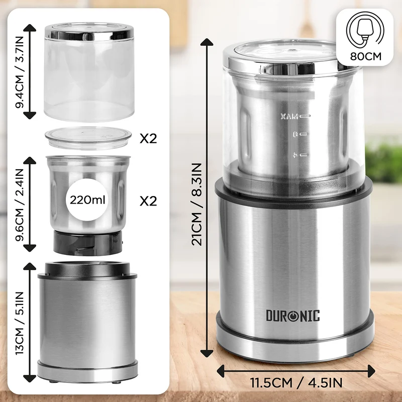 Duronic Electric Coffee Grinder CG421 Spice Mill with 2in1 Wet & Dry Stainless Steel Cups 200W Grinder for Spices 200W Grinding Mini Hopper for Coffee Beans, Herbs, Nuts