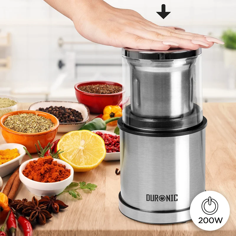 Duronic Electric Coffee Grinder CG421 Spice Mill with 2in1 Wet & Dry Stainless Steel Cups 200W Grinder for Spices 200W Grinding Mini Hopper for Coffee Beans, Herbs, Nuts