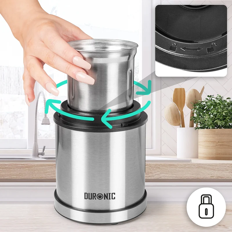 Duronic Electric Coffee Grinder CG421 Spice Mill with 2in1 Wet & Dry Stainless Steel Cups 200W Grinder for Spices 200W Grinding Mini Hopper for Coffee Beans, Herbs, Nuts