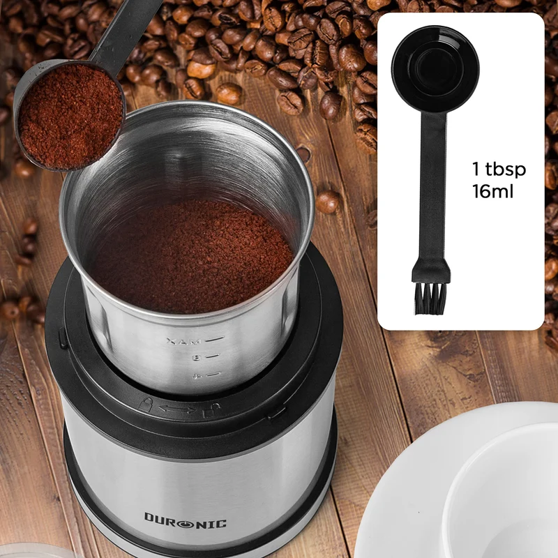 Duronic Electric Coffee Grinder CG421 Spice Mill with 2in1 Wet & Dry Stainless Steel Cups 200W Grinder for Spices 200W Grinding Mini Hopper for Coffee Beans, Herbs, Nuts