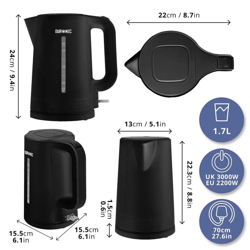 Duronic Electric Kettle EK17 BK Cordless Kettles Hot Water Boiler Electrical Heating with Fast Boil Dry Protection Quiet Electronic Kitchen Kettle for Boiling Water Tea Coffee Hot Chocolate Soup - Black