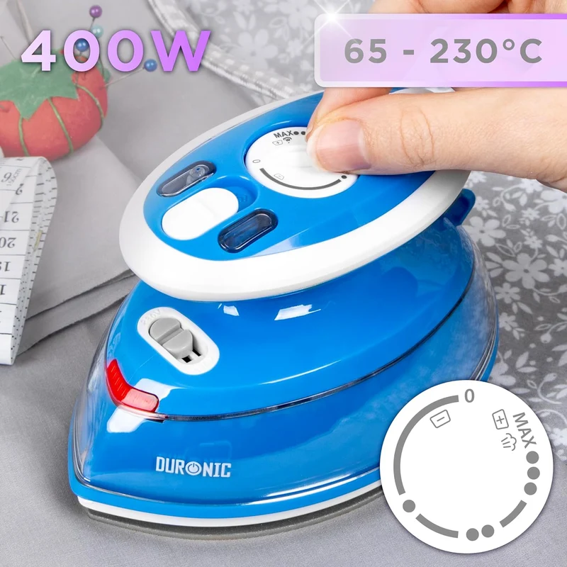 Duronic SI3 BE Mini Reisebügeleisen, 400W Mini Bügeleisen, Dampfbügeleisen 35ml Wassertank, kleines Reisebügeleisen dampf, Handbügeleisen Keramikfläche, für Kleidung nähen, 2 Betriebsspannungen