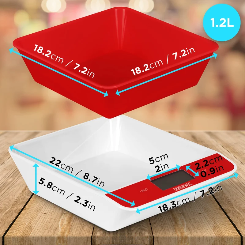 Duronic Digital Kitchen Scales KS100 RD Electronic Kitchen Scale with Bowl Measuring Weighing Scale Red Baking Scale for Cooking Baking Mail Pet Food Measurement Baker Weight Scale, Tare LCD Display