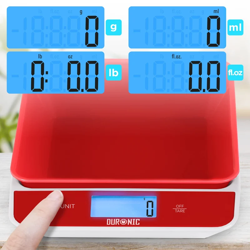 Duronic Digital Kitchen Scales KS100 RD Electronic Kitchen Scale with Bowl Measuring Weighing Scale Red Baking Scale for Cooking Baking Mail Pet Food Measurement Baker Weight Scale, Tare LCD Display