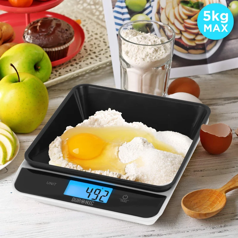 Duronic Digital Kitchen Scales KS100 BK Electronic Kitchen Scale with Bowl Measuring Weighing Scale Black Baking Scale for Cooking Baking Mail Pet Food Measurement Baker Weight Scale, Tare LCD Display