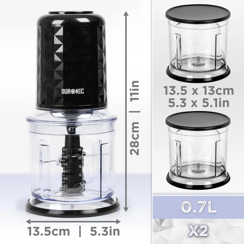 Duronic Mini Chopper CH57 BK Mini Food Processor 500W Black Vegetable Choppers 2 x 700ml Blender Bowl with Lid Garlic Chopper with Quad Stainless Steel Blades for Dips Sauces Vegetable Meat Mincer