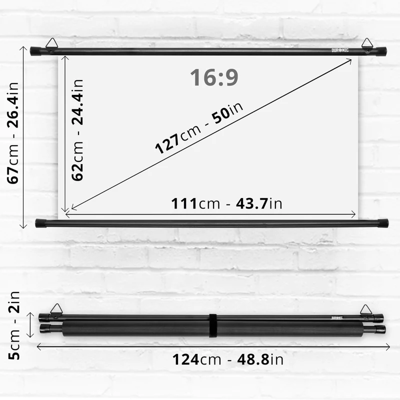 Duronic Bar Projector Screen BPS50 / 169 Wall Mountable 50” Projection Screens for Home Office School Matte White Movie Screen with 16:9 Aspect Ratio for Movie Nights Home Cinemas Office Presentations
