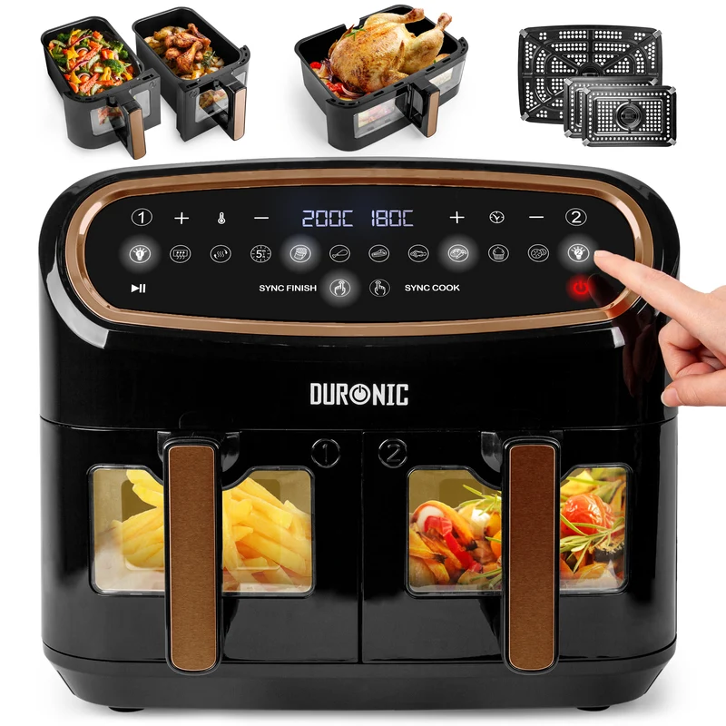 Duronic XXL Air Fryer AF34 BG 10L Digital Family Size Air Fryers Oil Free Triple Drawers 10in1 Dual Zone Extra Large AirFryer for Family Cooking with Dishwasher Safe Non-Stick Baskets Black