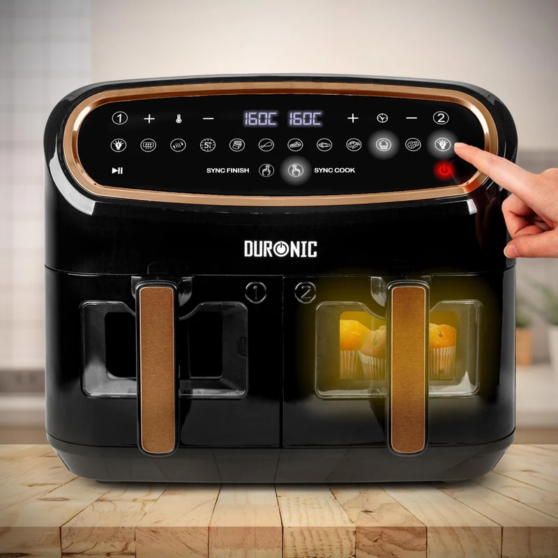 Duronic XXL Air Fryer AF34 BG 10L Digital Family Size Air Fryers Oil Free Triple Drawers 10in1 Dual Zone Extra Large AirFryer for Family Cooking with Dishwasher Safe Non-Stick Baskets Black