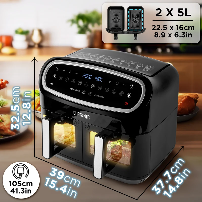 Duronic AF24 BK Heißluftfritteuse, Doppel-Fritteuse mit 10 Liter Volumen, Gleichzeitiges Kochen oder Fertigstellen, 10 voreingestellte Programme, Touch Control, Frittieren ohne Öl, 2400 Watt