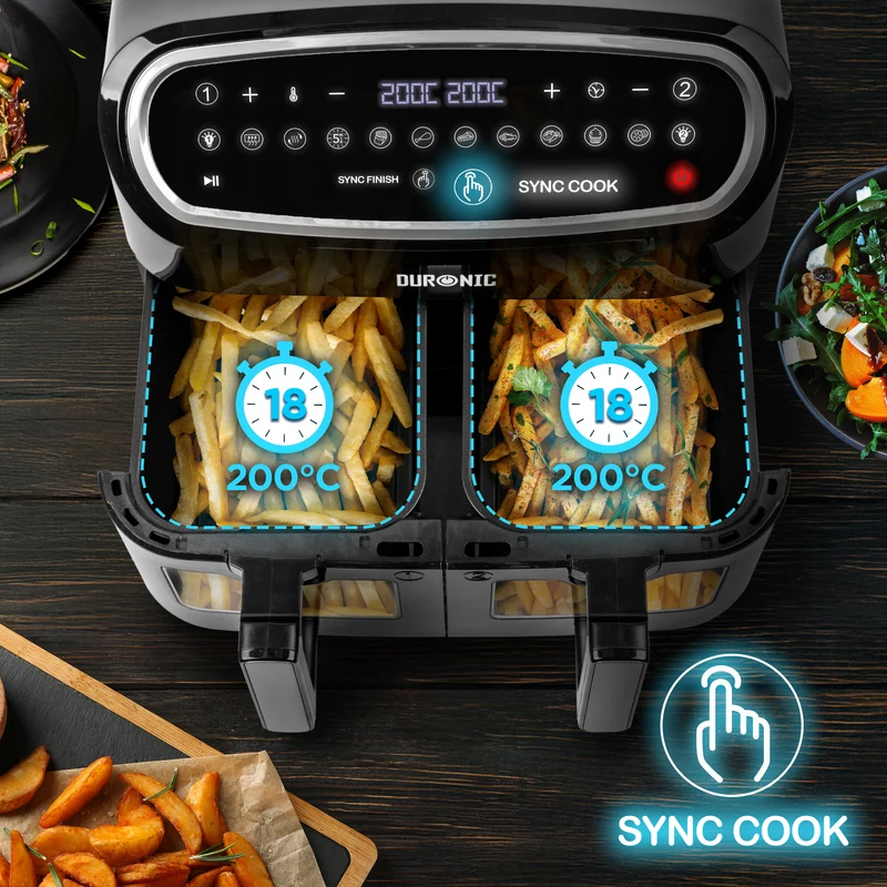 Duronic AF24 BK Heißluftfritteuse, Doppel-Fritteuse mit 10 Liter Volumen, Gleichzeitiges Kochen oder Fertigstellen, 10 voreingestellte Programme, Touch Control, Frittieren ohne Öl, 2400 Watt