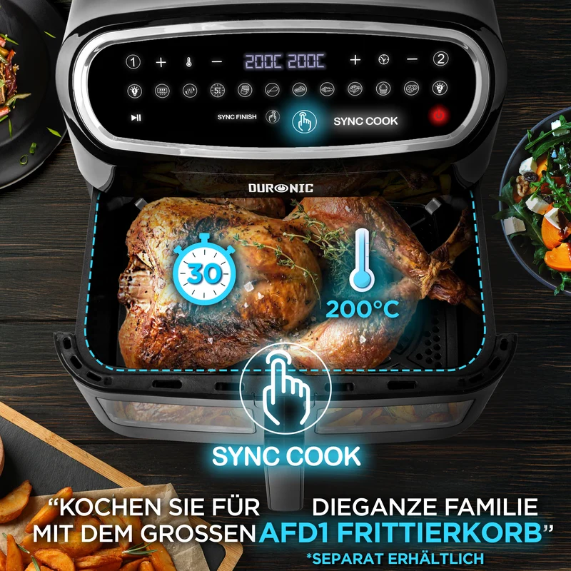 Duronic AF14 BK Heißluftfritteuse, XXL Heißluftfriteuse mit 10 Liter für Pommes, Friteuse HLF 10L Volumen Airfryer, Air Fryer für Rezepte ohne Öl