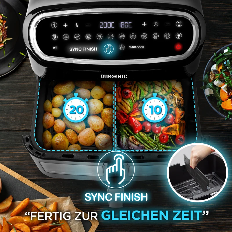 Duronic AF14 BK Heißluftfritteuse, XXL Heißluftfriteuse mit 10 Liter für Pommes, Friteuse HLF 10L Volumen Airfryer, Air Fryer für Rezepte ohne Öl