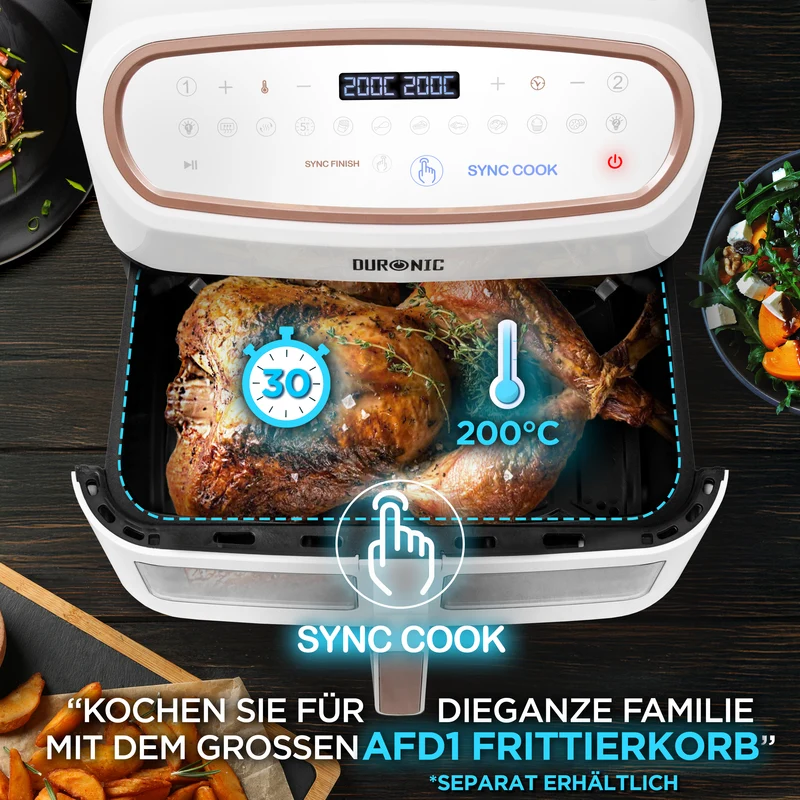 Duronic AF34 WE Heißluftfriteuse, XXL Heißluftfritteuse mit 2 Kammern für Pommes, Friteuse HLF 10L Volumen Airfryer, Air Fryer für Rezepte ohne Öl