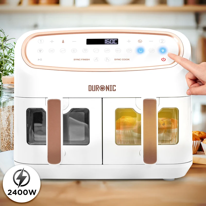 Duronic AF34 WE Heißluftfriteuse, XXL Heißluftfritteuse mit 2 Kammern für Pommes, Friteuse HLF 10L Volumen Airfryer, Air Fryer für Rezepte ohne Öl