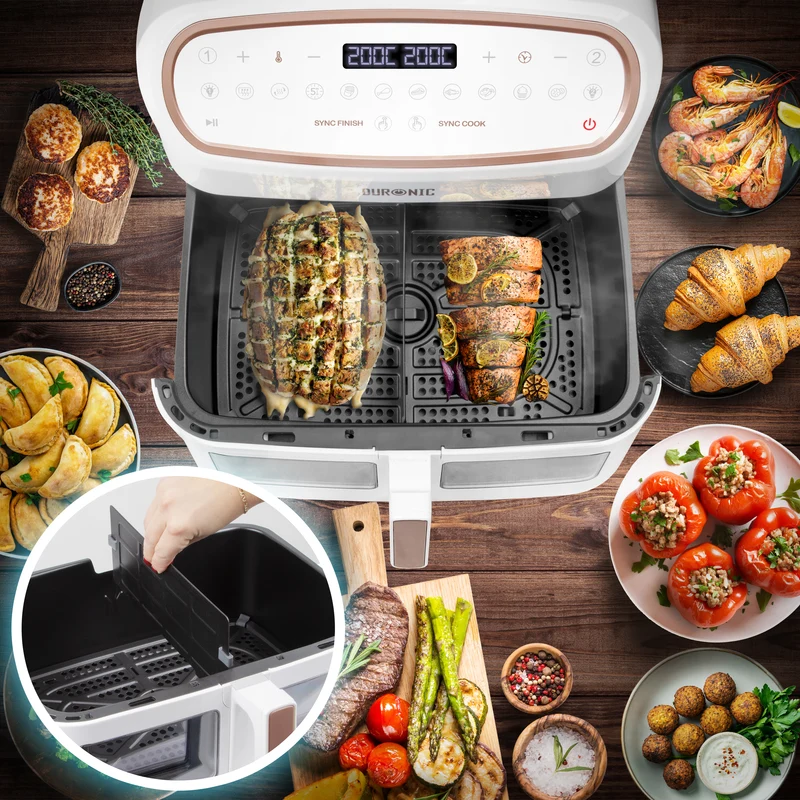 Duronic AF34 WE Heißluftfriteuse, XXL Heißluftfritteuse mit 2 Kammern für Pommes, Friteuse HLF 10L Volumen Airfryer, Air Fryer für Rezepte ohne Öl