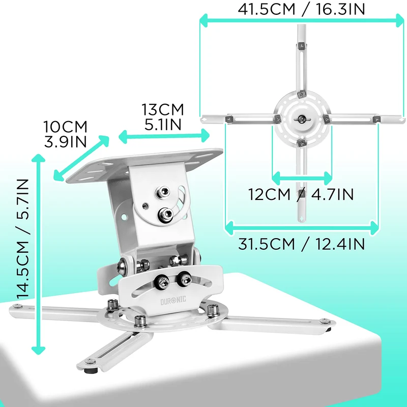 Duronic Projector Mount Stand for Ceiling or Wall Bracket PB06XL | 13.6kg Capacity | Multi-Fit Projector Bracket | Extendable Heavy Duty Adjustable Clamp | Tilt Swivel Rotate | White