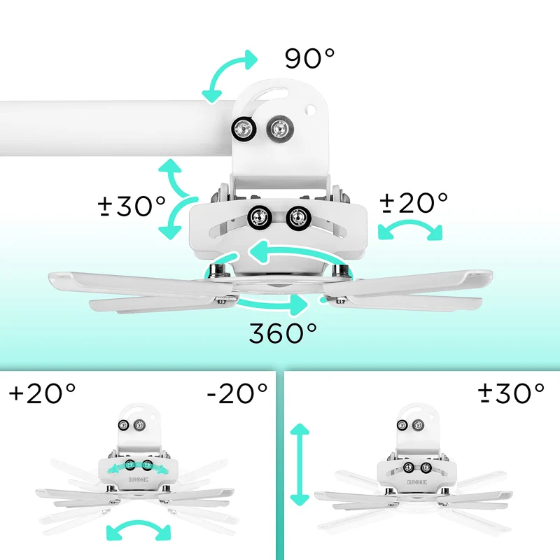 Duronic Projector Mount Stand for Ceiling or Wall Bracket PB06XL | 13.6kg Capacity | Multi-Fit Projector Bracket | Extendable Heavy Duty Adjustable Clamp | Tilt Swivel Rotate | White