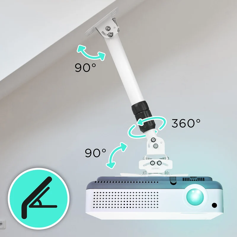 Duronic Projector Mount Stand for Ceiling or Wall Bracket PB06XL | 13.6kg Capacity | Multi-Fit Projector Bracket | Extendable Heavy Duty Adjustable Clamp | Tilt Swivel Rotate | White