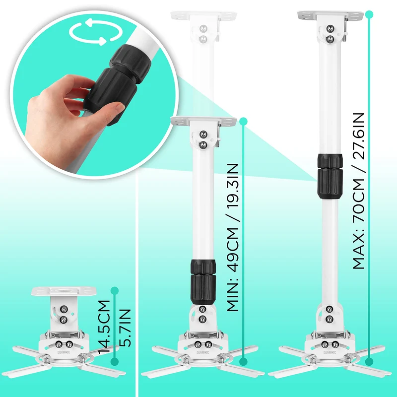 Duronic Projector Mount Stand for Ceiling or Wall Bracket PB06XL | 13.6kg Capacity | Multi-Fit Projector Bracket | Extendable Heavy Duty Adjustable Clamp | Tilt Swivel Rotate | White