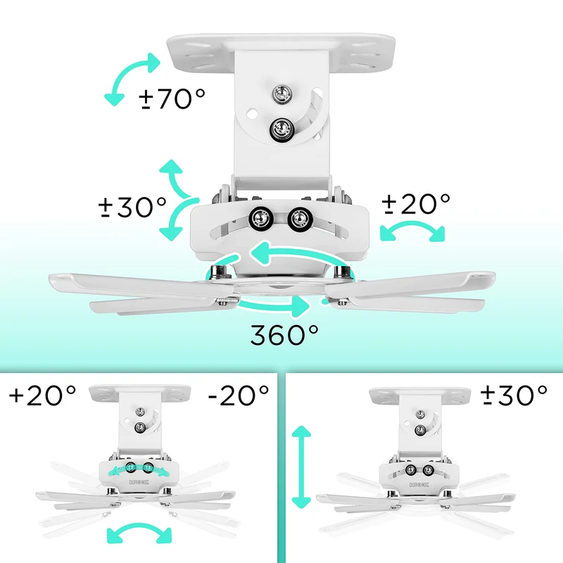 Duronic Projector Mount Stand for Ceiling or Wall Bracket PB05XB | 13.6kg Capacity | Multi-Fit Projector Bracket | Heavy Duty Adjustable Clamp | Tilt Swivel Rotate | White