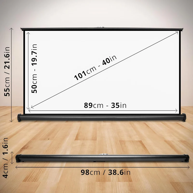 Duronic DPS40 16:9 Beamer Leinwand | 40 Zoll Projektor Leinwand | 16:9 Heimkino | Gain +1 mobile Beamerleinwand für Tische und Schränke | 4K UHD, 3D, Full HD 1080p | Kompakte Projektionsleinwand