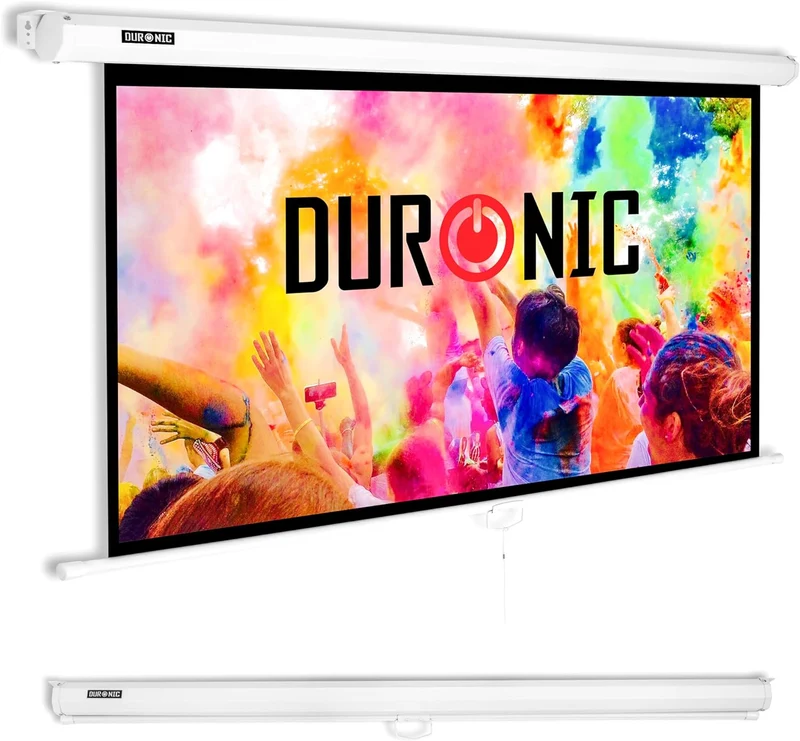 Duronic MPS90 16:9 WE Beamer Leinwand | 90 Zoll Projektor Leinwand | 16:9 Heimkino | Gain +1 Rolloleinwand für Wand- oder Deckenmontage | 4K UHD, 3D, Full HD 1080p | Kompakte Projektionsleinwand Weiß