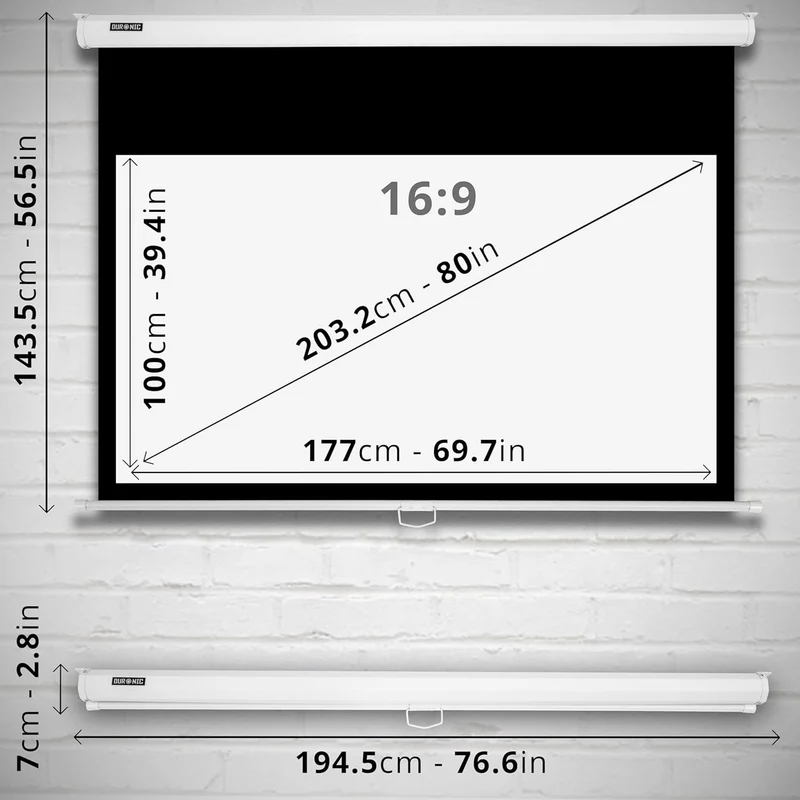 Duronic MPS80 16:9 WE Beamer Leinwand | 80 Zoll Projektor Leinwand | 16:9 Heimkino | Gain +1 Rolloleinwand für Wand- oder Deckenmontage | 4K UHD, 3D, Full HD 1080p | Kompakte Projektionsleinwand Weiß
