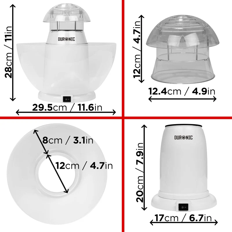 Duronic POP50 WE Popcornmaschine | Heißluft ohne Fett & Öl | 1200 Watt | inkl. Messbecher | für 50 Gramm Mais | abnehmbare Schüssel | Ölfreies Popcorn | Kalorienarm | Weiß