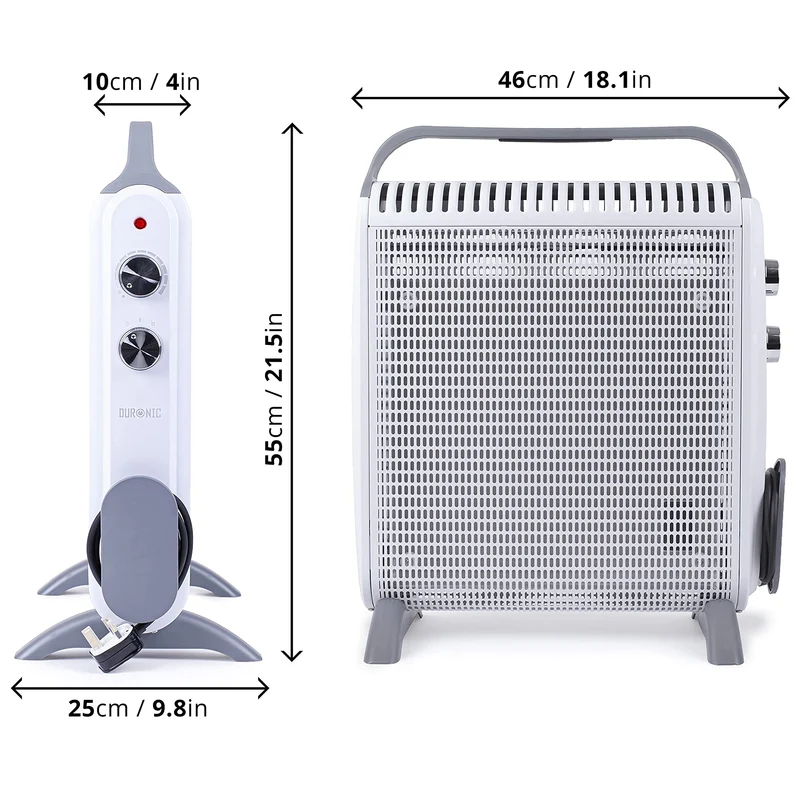 Duronic HV180 Elektroheizung, Konvektor Heizkörper mit 2000W, flaches Heizgerät mit Tragegriff, kleine energiesparende Elektro-Heizung mit 2 Stufen